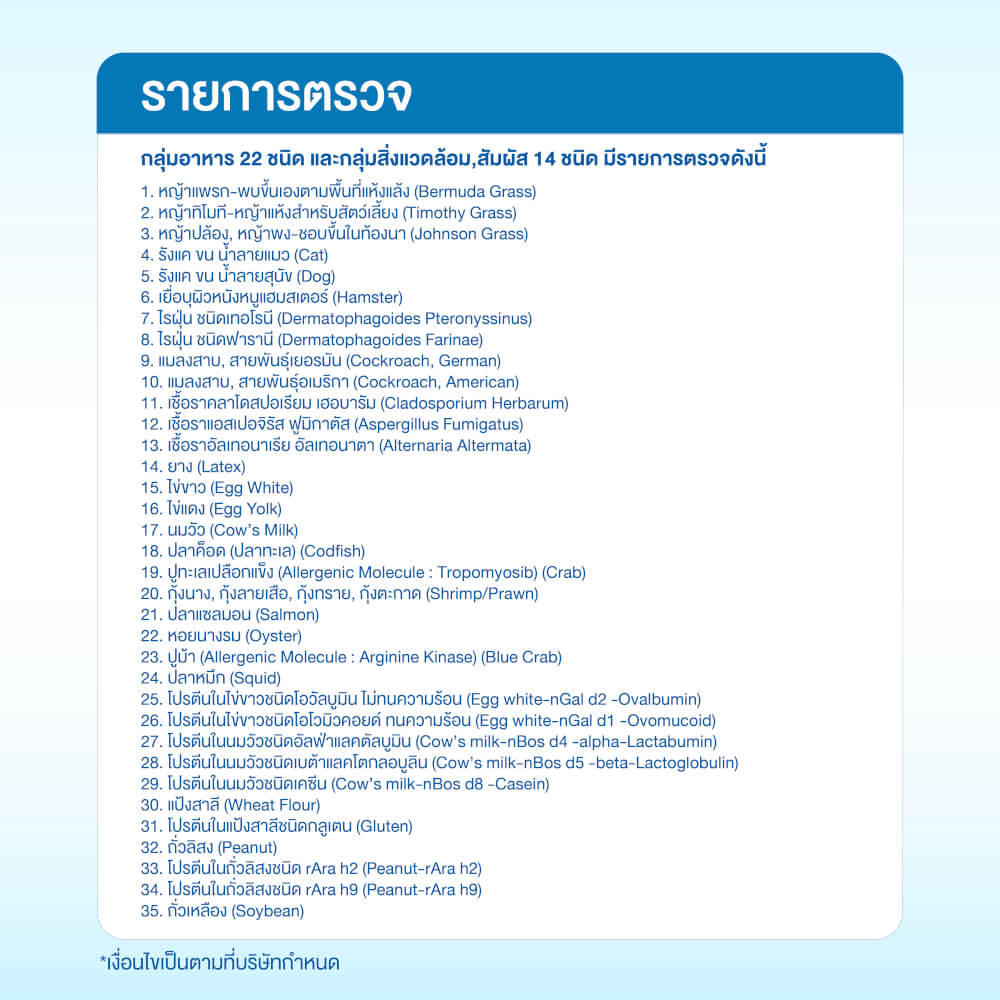 แพ็กเกจตรวจสารก่อภูมิแพ้แบบเฉียบพลัน กลุ่มอาหารและอากาศ (IgE) 36 ชนิด เหมาะสำหรับคนไทย